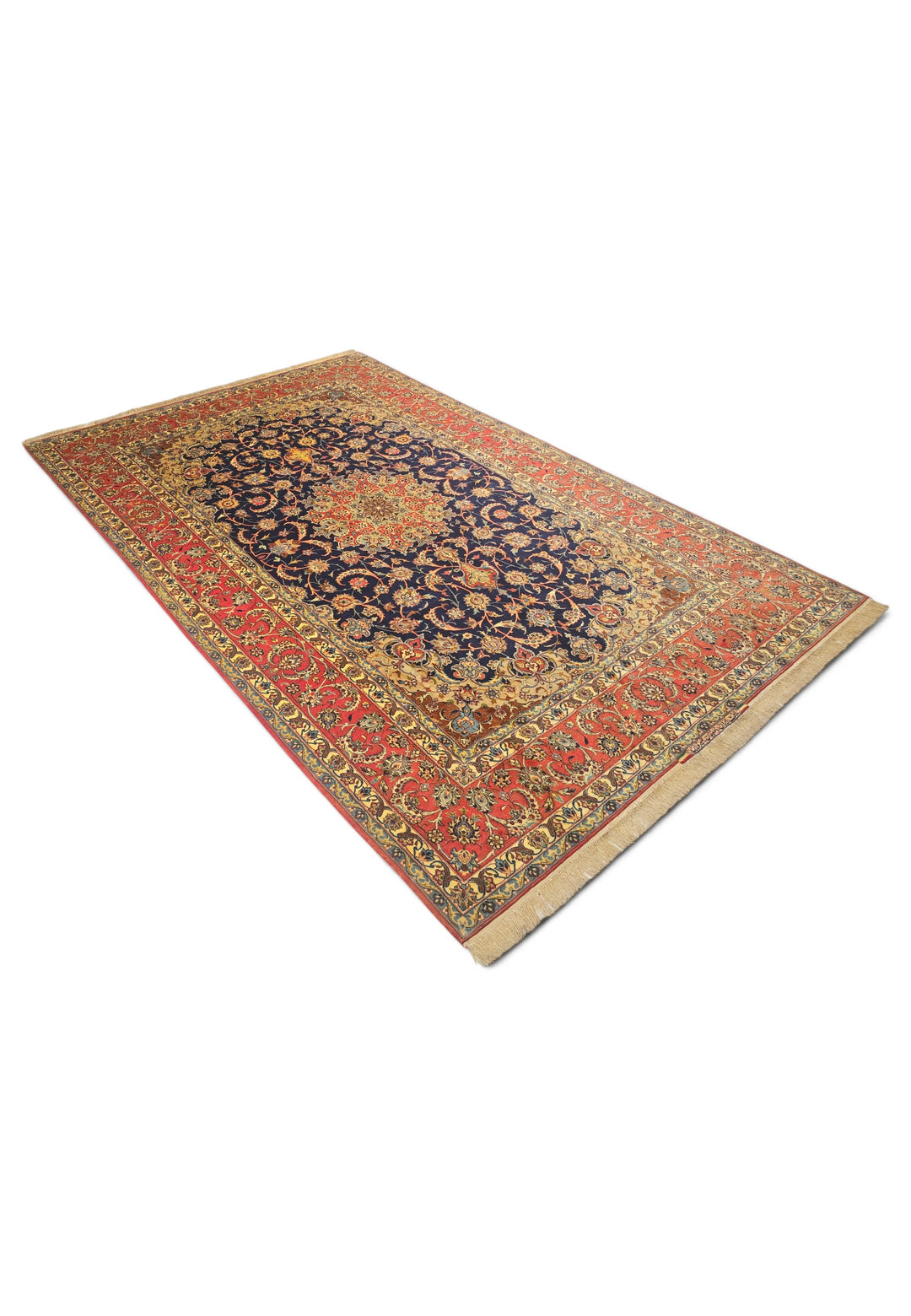 Indigo and Terracotta Medallion Sirafian Isfahan, Hand-Knotted Wool Rug