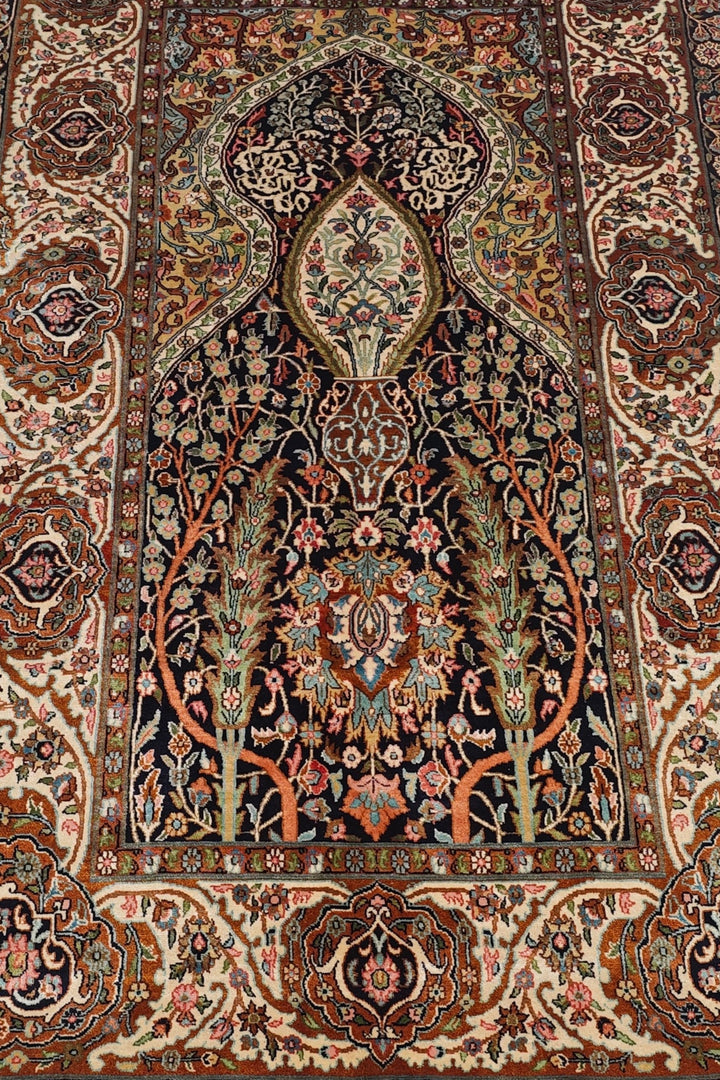 Black and Beige Mihrab Prayer Design, Hand-Knotted Silk Rug