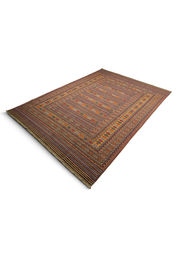 Saffron Gold and Plum Banded Kilim, Hand-Woven Wool