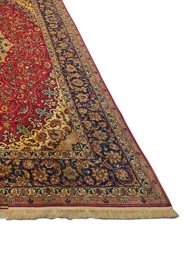 Crimson and Gold Medallion Sirafian Isfahan, Hand-Knotted Wool Rug
