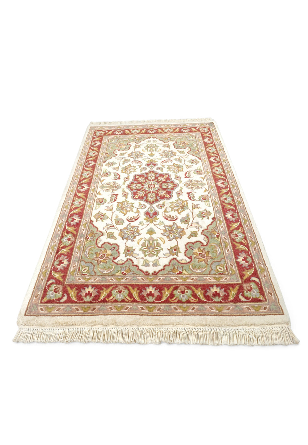 Ivory and Deep Red Medallion Tabriz, Hand-Knotted Wool and Silk Rug