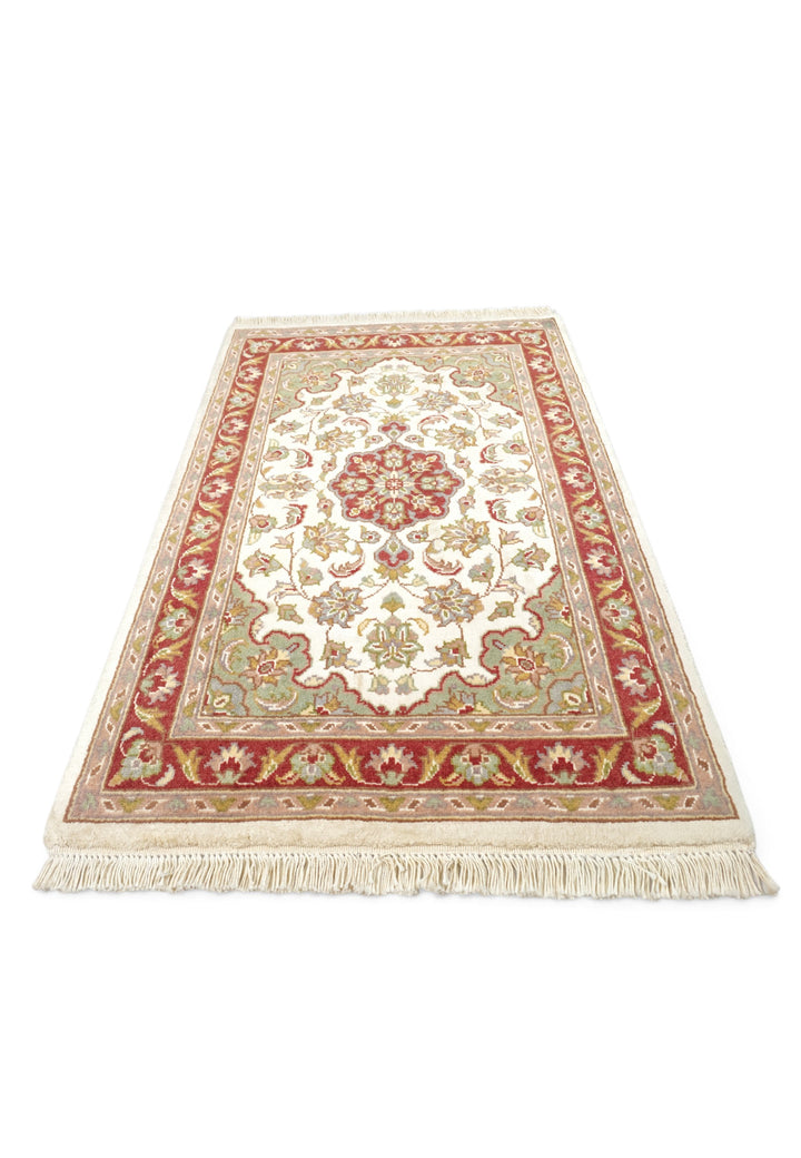 Ivory and Deep Red Medallion Tabriz, Hand-Knotted Wool and Silk Rug