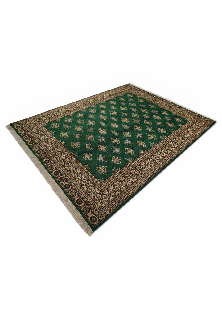Pine Green &amp; Cream Diamond Jaldar Rug, Hand-Knotted Pakistani Wool