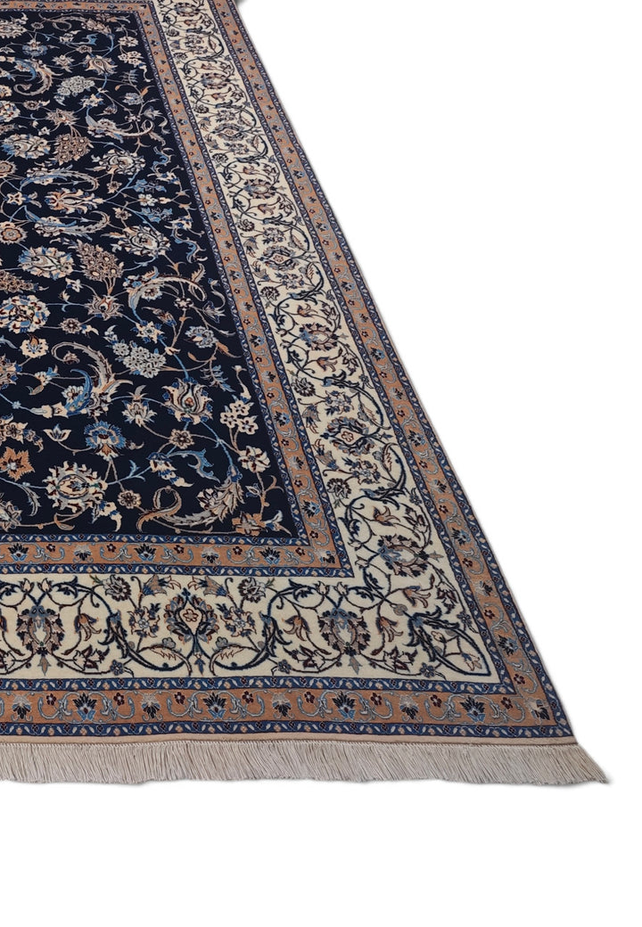Navy and Ivory All-Over Arabesque Nain, Hand-Knotted Wool Rug