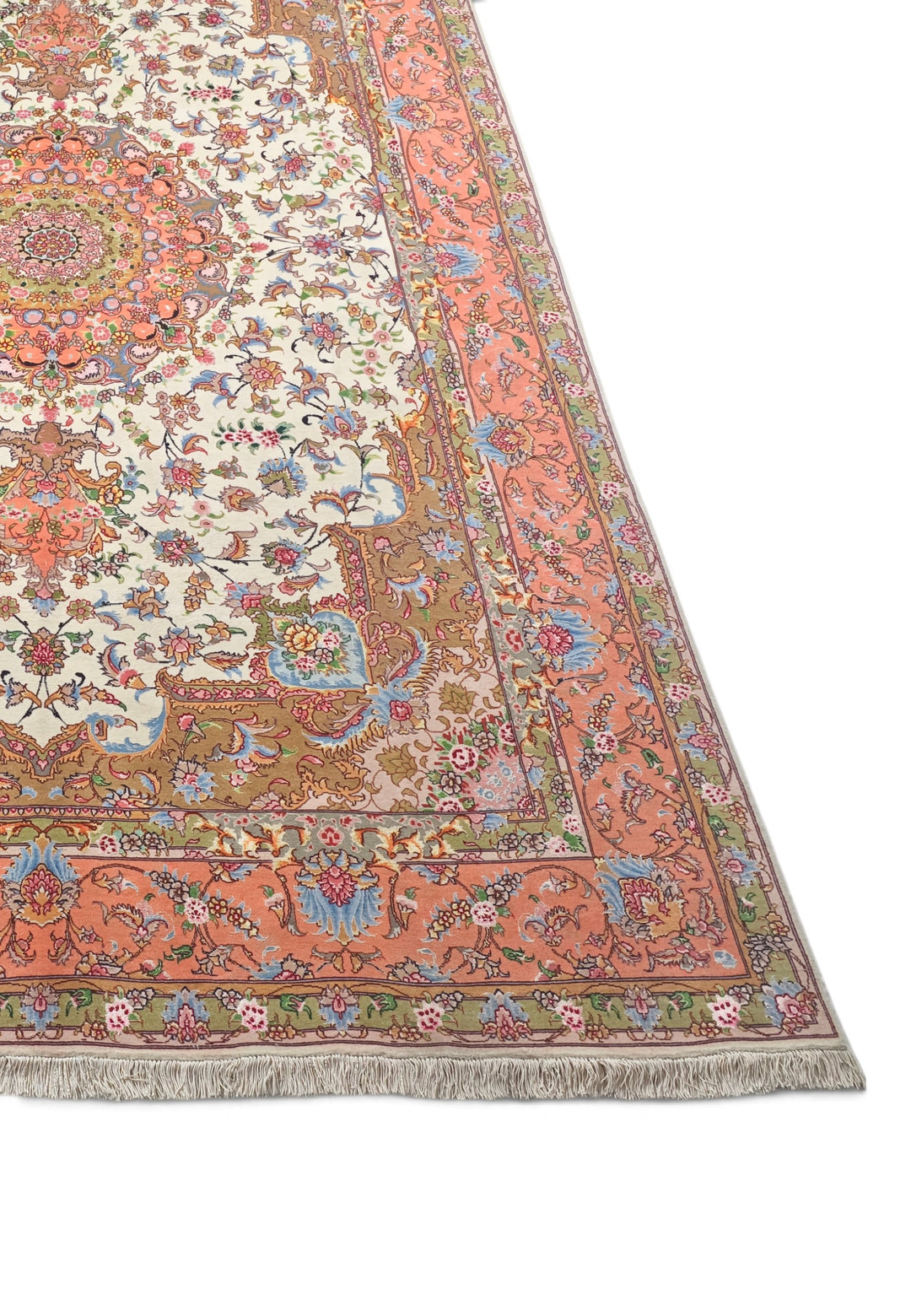 Ivory and Coral Radiating Medallion Tabriz, Hand-Knotted Wool Rug