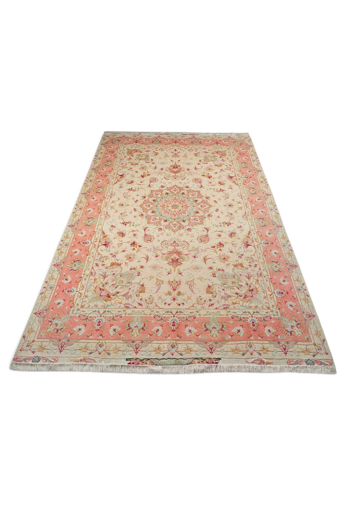 Cream and Coral Medallion Tabriz, Hand-Knotted Wool Rug