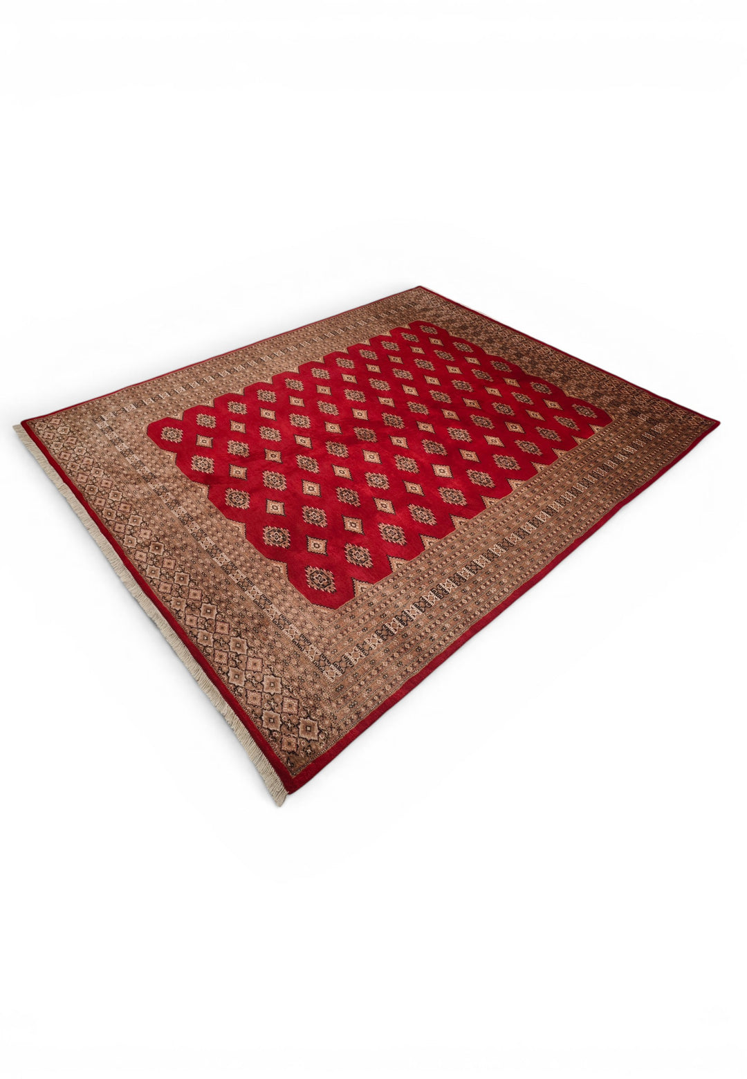 Brick Red &amp; Cream Diamond Jaldar Rug, Hand-Knotted Pakistani Wool &amp; Silk
