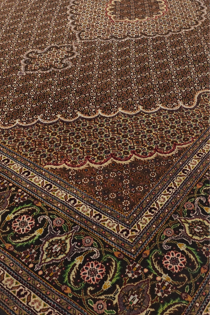 Brown Mahi Medallion Persian Tabriz, Hand-Knotted Wool Rug