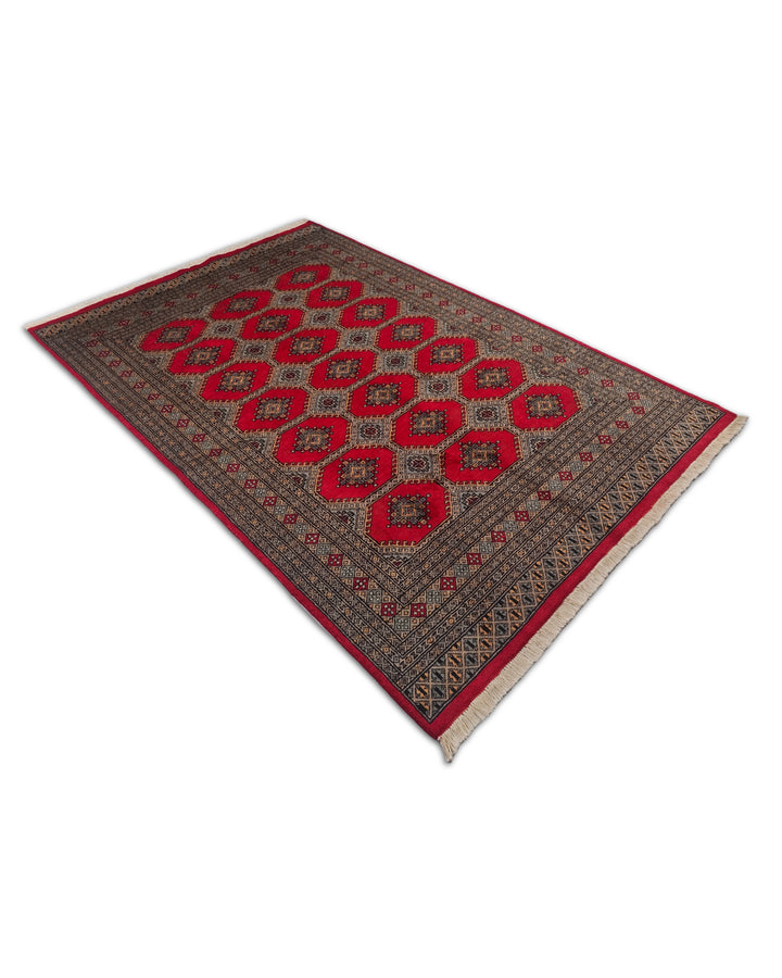 Bright Red and Sand Jaldar Lattice Gül, Hand-Knotted Wool Rug