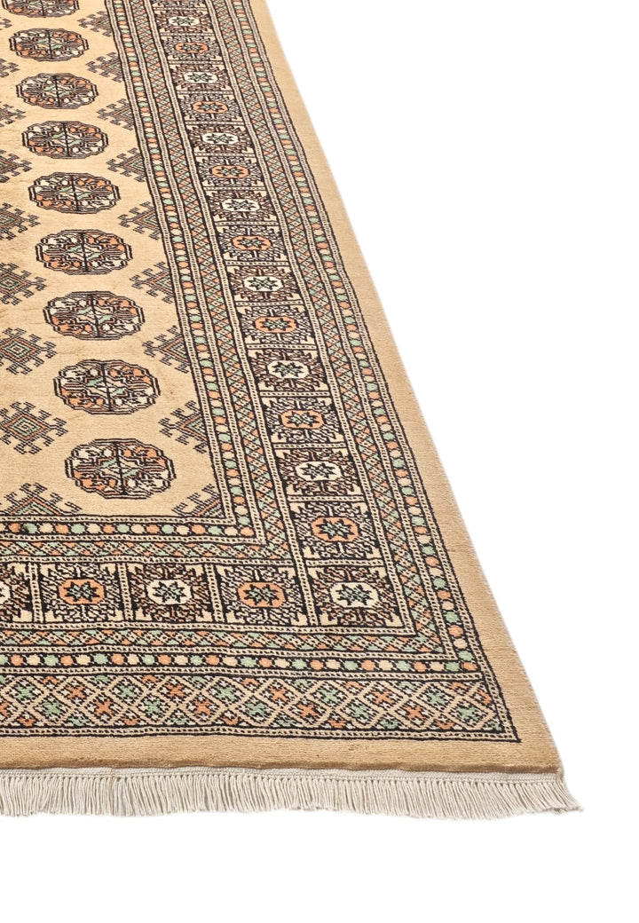 Warm Gold and Espresso Turkmen Gül Bokhara, Hand-Knotted Wool Rug