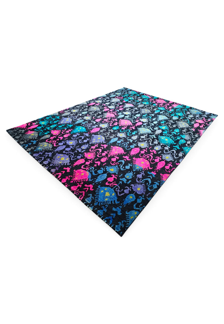 Indigo and Magenta Ikat Ghazni, Hand-Knotted Wool Rug