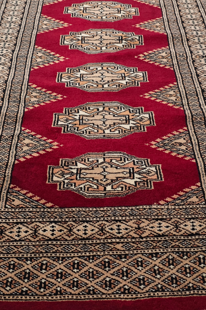 Wine Red and Beige Yamoud Rug, Hand-Knotted Wool