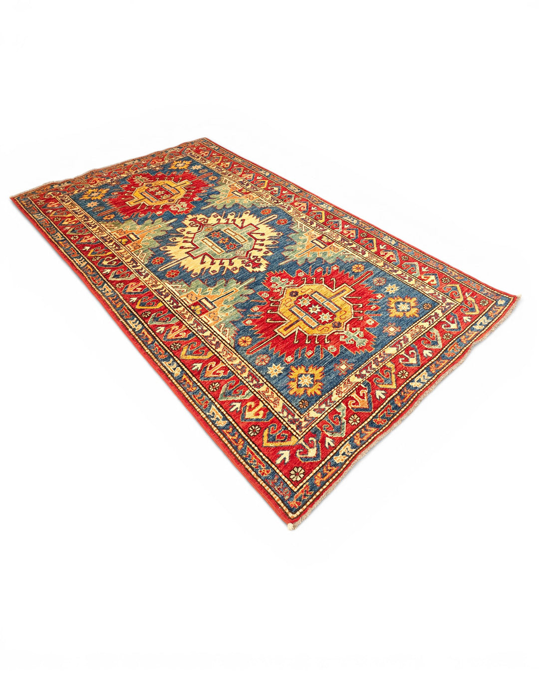Blue &amp; Red Medallion Kazak Rug, Hand-Knotted Afghan Wool