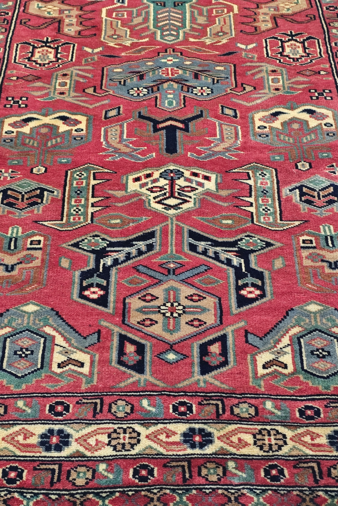 Rose and Teal Serrated Leaf Medallion, Hand-Knotted Wool Rug
