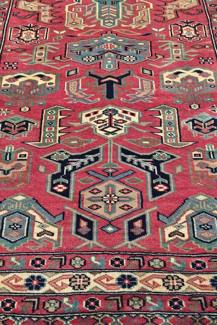 Rose and Teal Serrated Leaf Medallion, Hand-Knotted Wool Rug