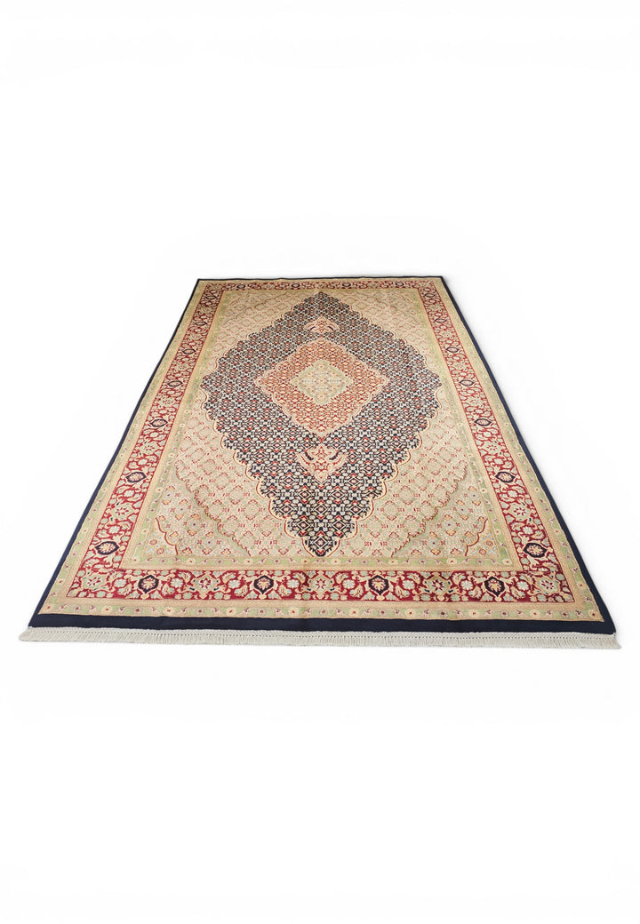 Navy and Cream Tabriz Mahi, Hand-Knotted Pakistani Wool and Silk Rug