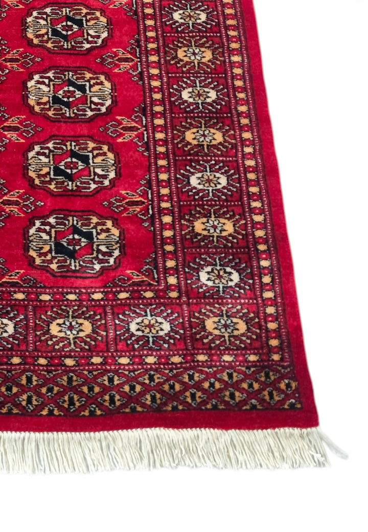 Bright Red and Gold Turkmen Gül Bokhara, Hand-Knotted Wool Rug