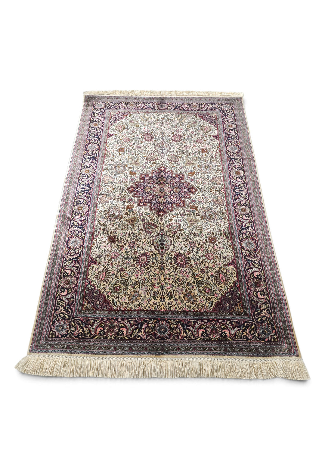 Gold and Deep Plum Shah Abbasi Medallion, Hand-Knotted Silk Rug