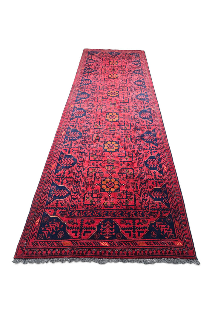 Raspberry Red and Navy Khan Muhammadi Runner, Hand-Knotted Wool