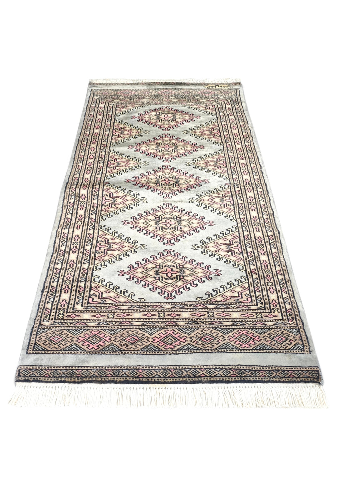 Grey-Green and Rose Jaldar Diamond Medallion, Hand-Knotted Wool Rug