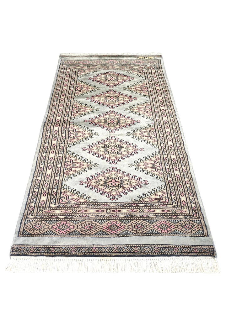 Grey-Green and Rose Jaldar Diamond Medallion, Hand-Knotted Wool Rug