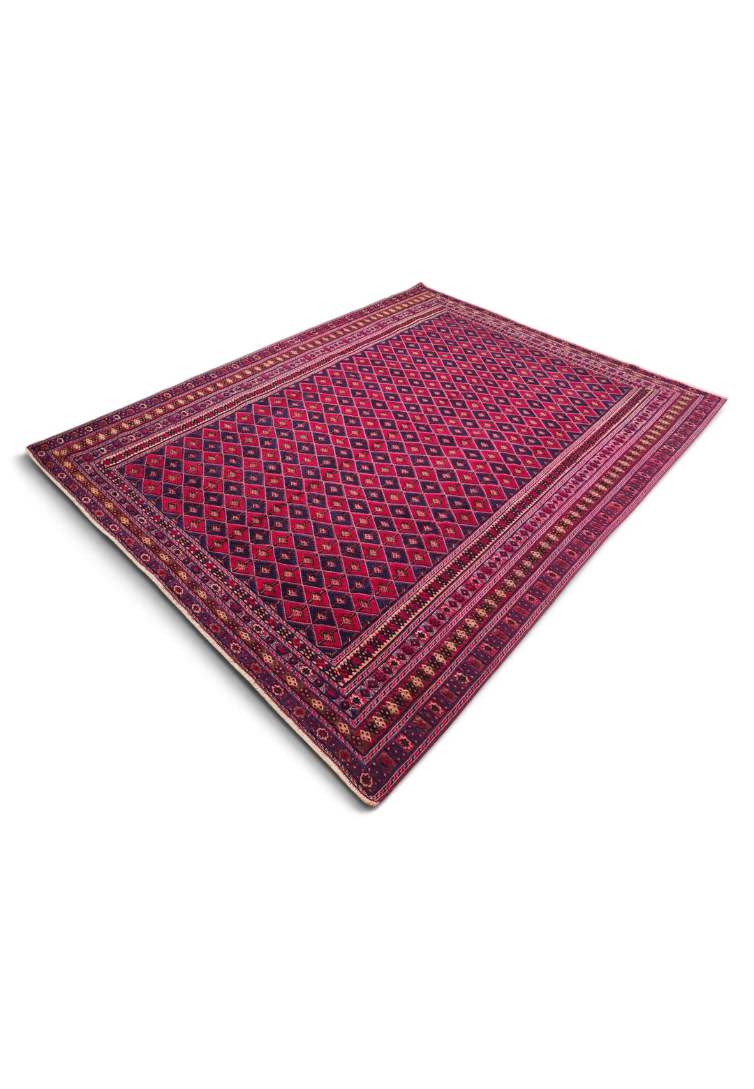 Crimson and Navy Diamond Lattice Kilim, Hand-Woven Wool