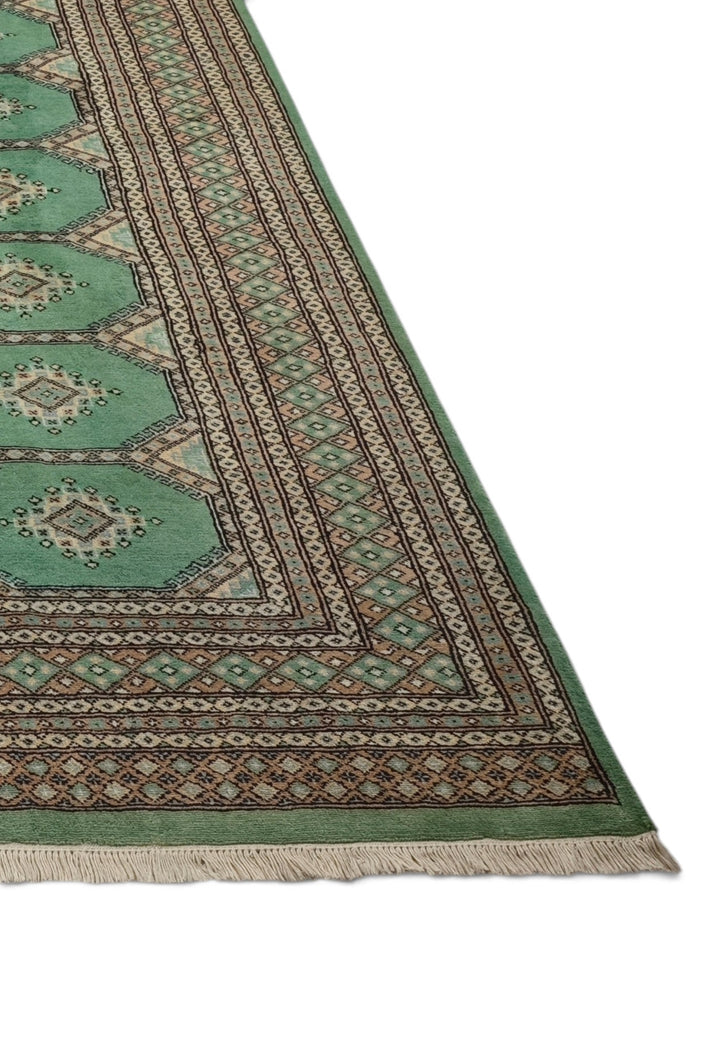 Jade Green and Cream Compartment Bokhara, Hand-Knotted Wool and Silk Rug
