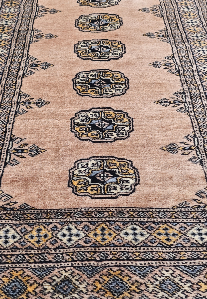 Salmon and Espresso Single Column Gül Bokhara, Hand-Knotted Wool Rug