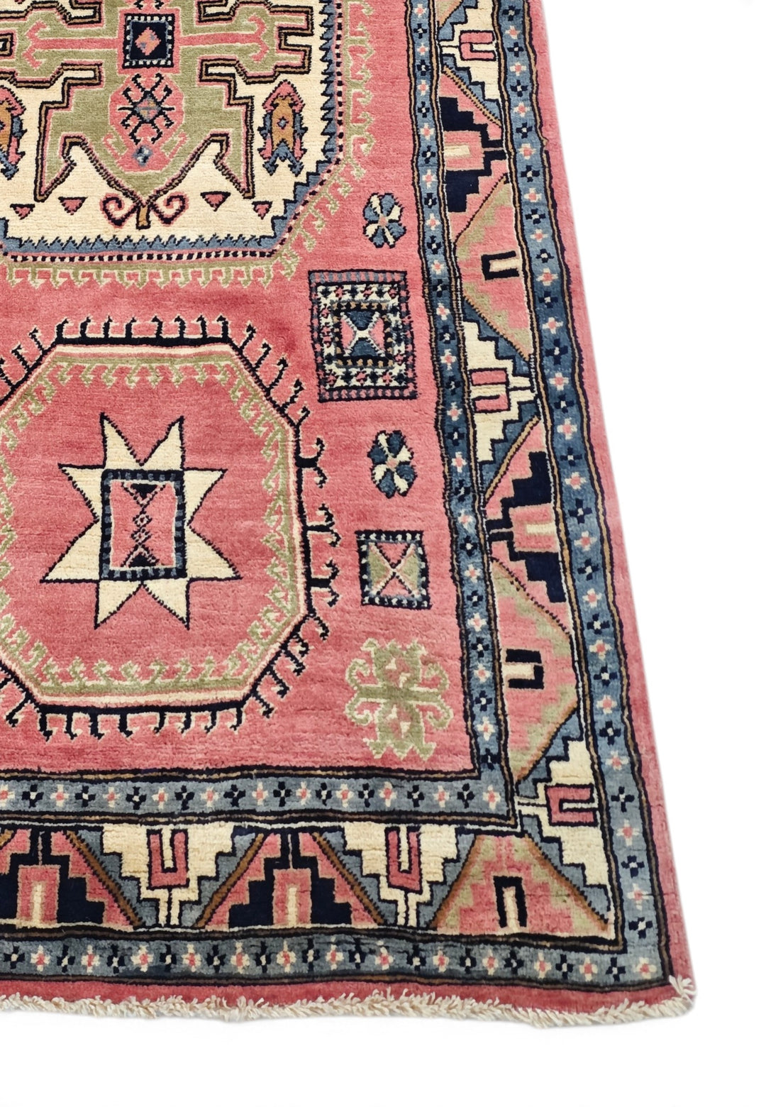 Rose and Ivory Star and Cross Medallion Kazak, Hand-Knotted Wool Rug