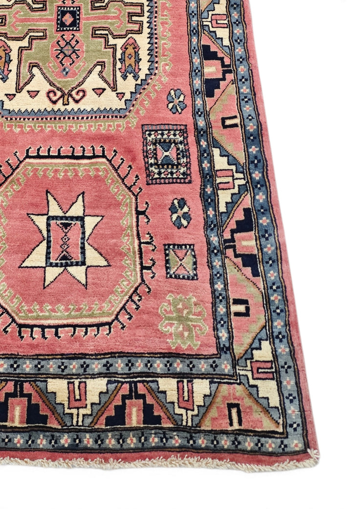 Rose and Ivory Star and Cross Medallion Kazak, Hand-Knotted Wool Rug