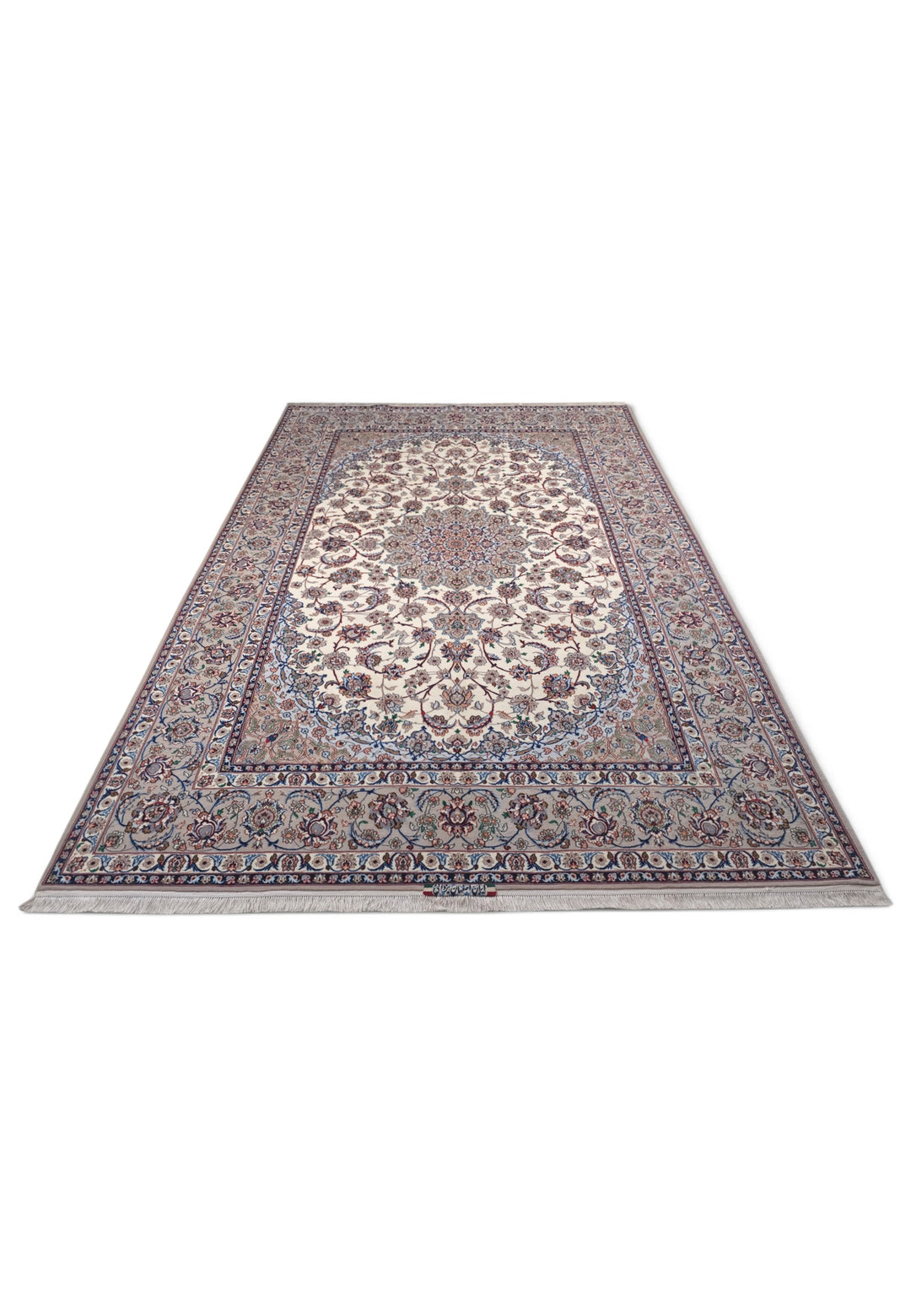Ivory and Grey Medallion Yazdani Isfahan, Hand-Knotted Wool Rug