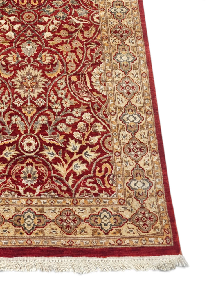 Deep Red and Cream Arabesque Lattice, Hand-Knotted Wool and Silk Rug