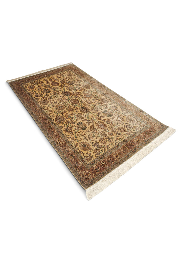 Gold and Brown Afshan All-Over Floral, Hand-Knotted Silk Rug
