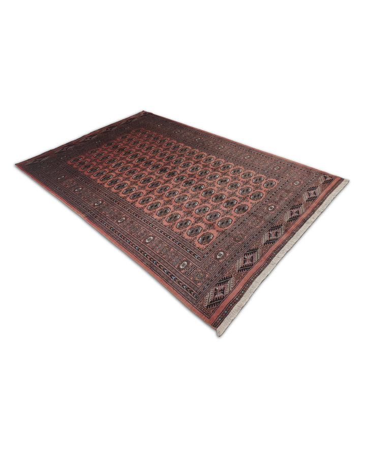 Terracotta and Espresso Turkmen Gül Bokhara, Hand-Knotted Wool Rug
