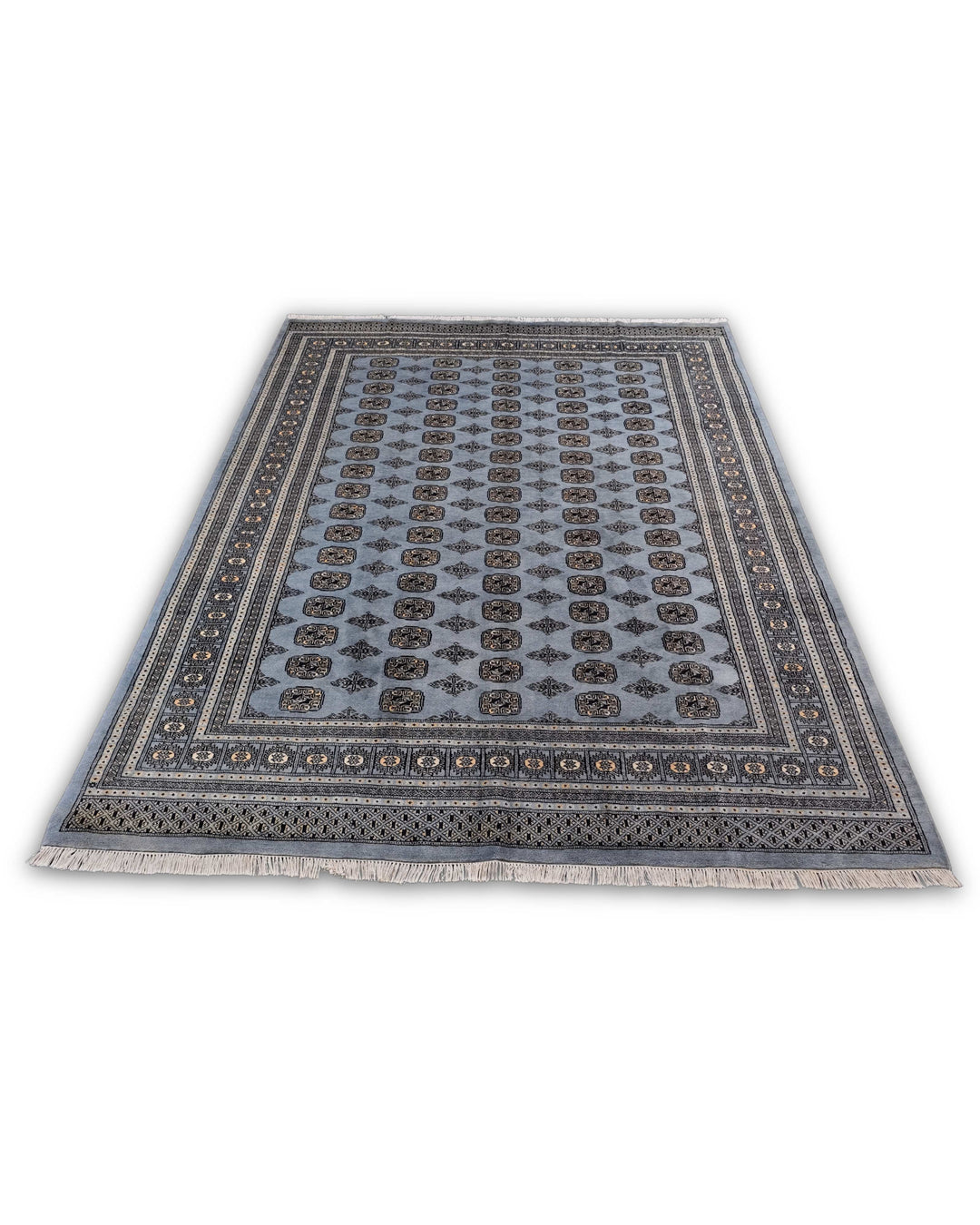 Slate Grey Turkmen Gül Bokhara Rug, Hand-Knotted Pakistani Wool