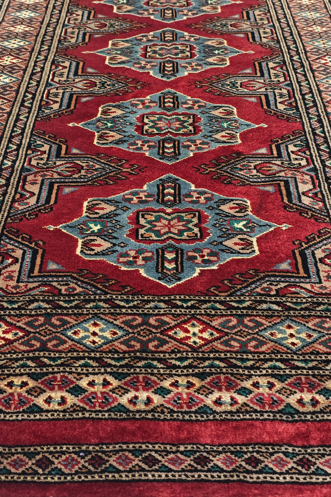 Crimson and Sea Green Jaldar Lozenge, Hand-Knotted Wool Rug