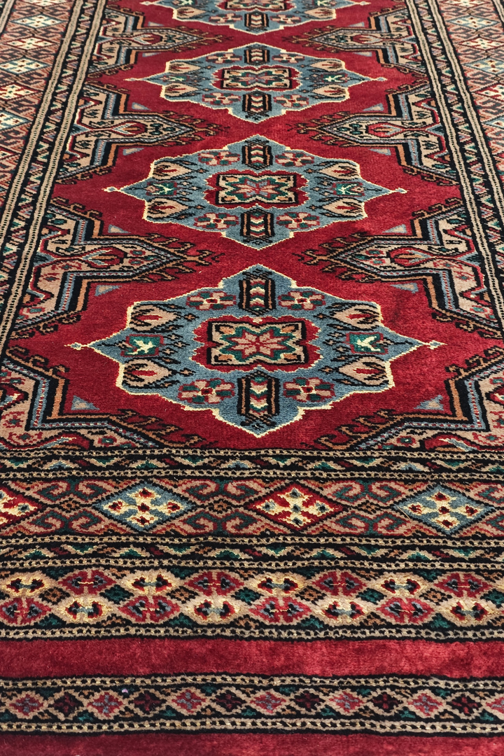 Crimson and Sea Green Jaldar Lozenge, Hand-Knotted Wool Rug