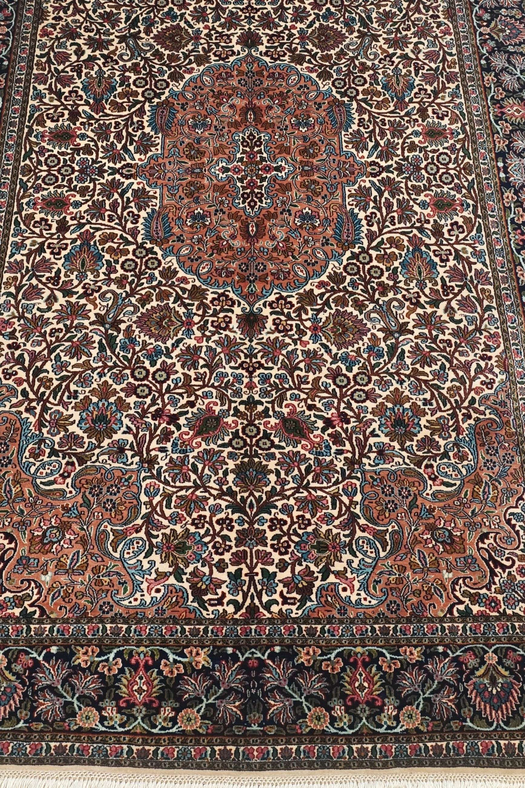 Ivory and Rust Rosette Medallion, Hand-Knotted Silk Rug