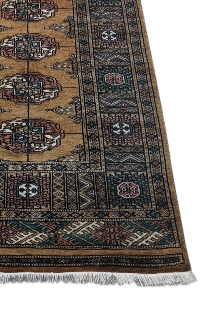 Camel and Teal Turkmen Gül Bokhara, Hand-Knotted Wool Rug