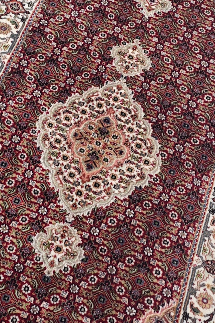 Deep Red and Ivory Mahi Medallion Tabriz, Hand-Knotted Wool Rug