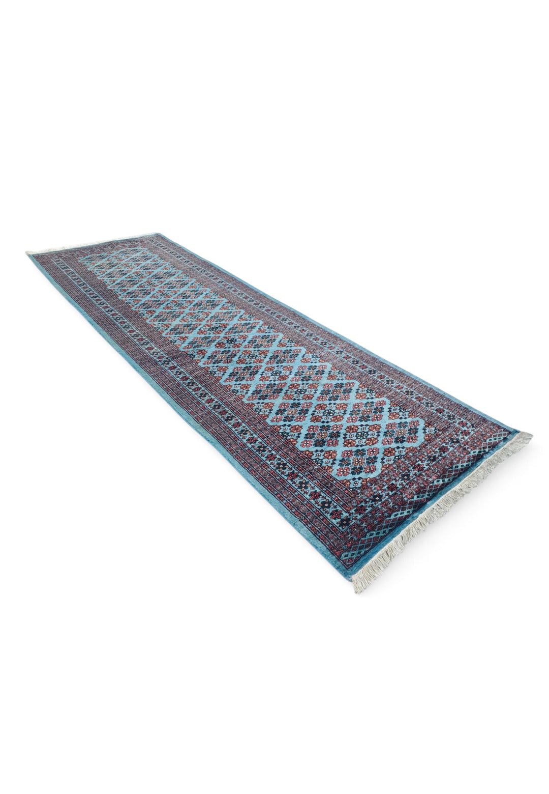 Turquoise and Rose Polychrome Lattice Jaldar, Hand-Knotted Wool Rug