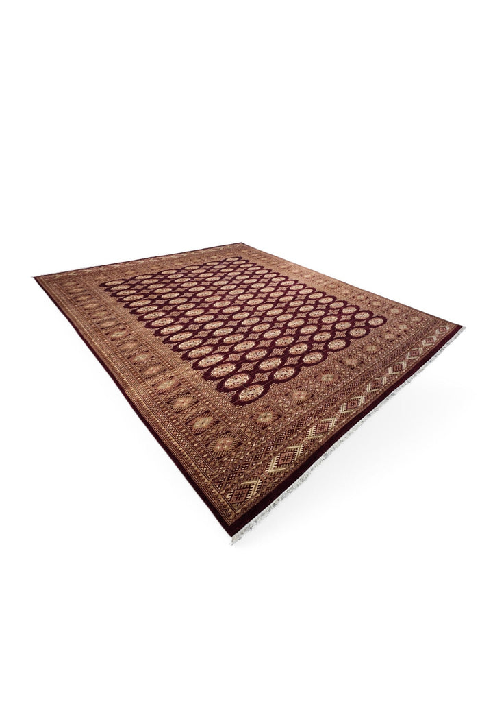 Aubergine and Tan Bokhara, Hand-Knotted Wool Rug