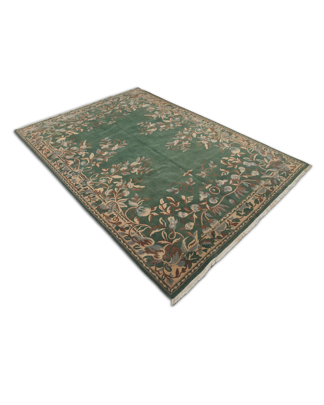 Green and Camel Gol Farang Floral, Hand-Knotted Wool Rug