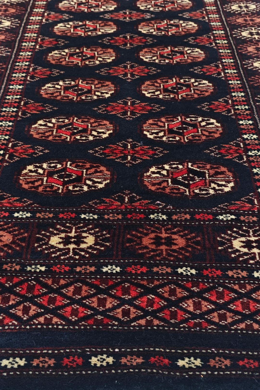 Navy and Rose Double Column Gül Bokhara, Hand-Knotted Wool Rug