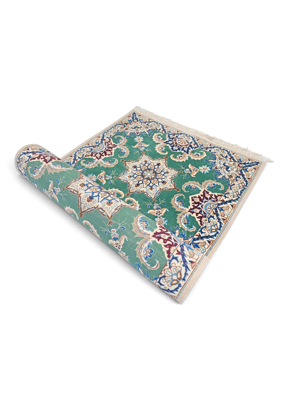 Teal and Ivory Star Medallion Nain, Hand-Knotted Wool Rug