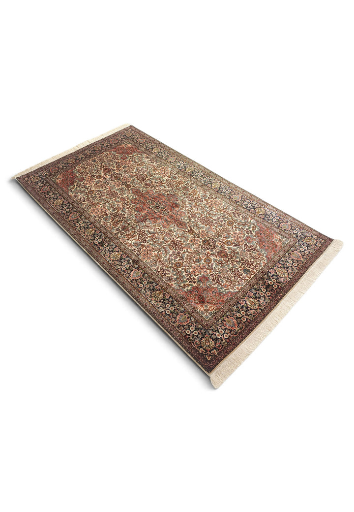 Ivory and Rust Floral Medallion, Hand-Knotted Silk Rug