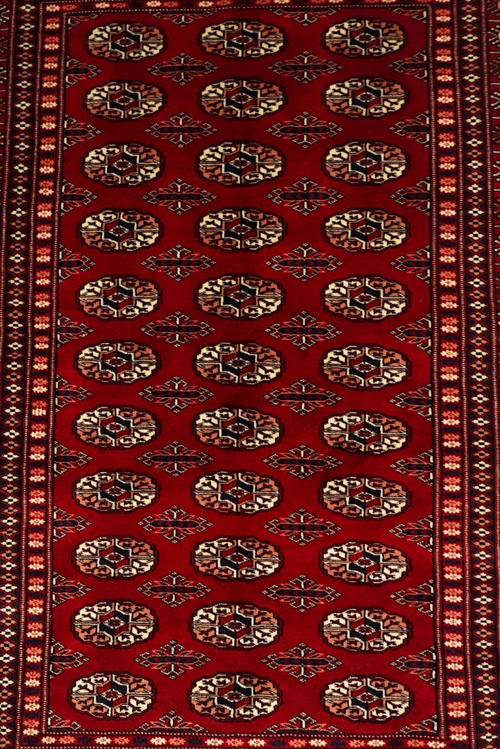 Oxblood Red Turkmen Gül Bokhara Rug, Hand-Knotted Pakistani Wool