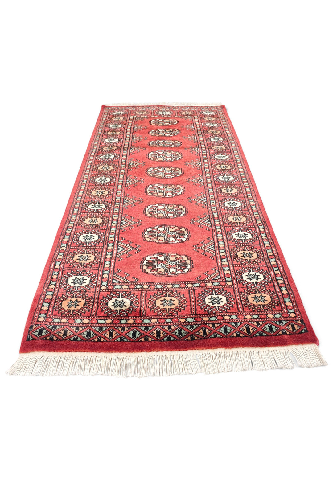 Ruby Red and Peach Turkmen Gül Bokhara, Hand-Knotted Wool Rug