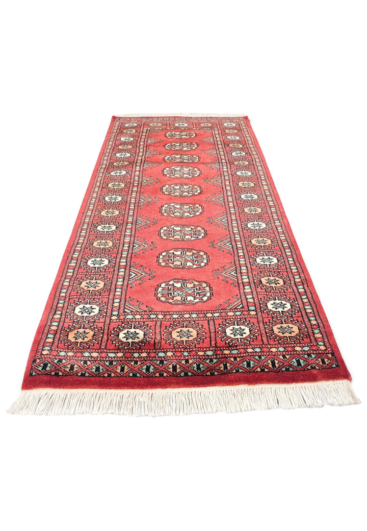 Ruby Red and Peach Turkmen Gül Bokhara, Hand-Knotted Wool Rug