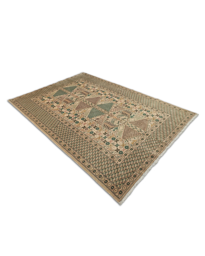 Camel and Green Turkmen Gül, Hand-Knotted Wool Rug